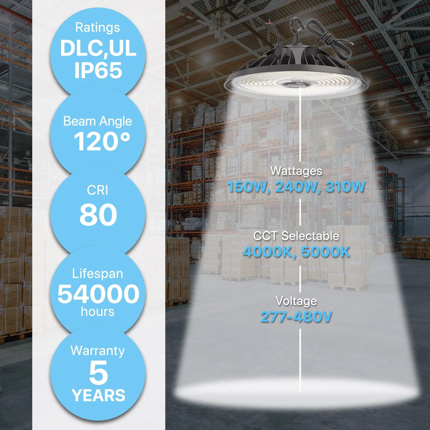 LED High Bay Light - HBF Series , 36240lumens, Selectable Wattage, 5000K, 277-480V