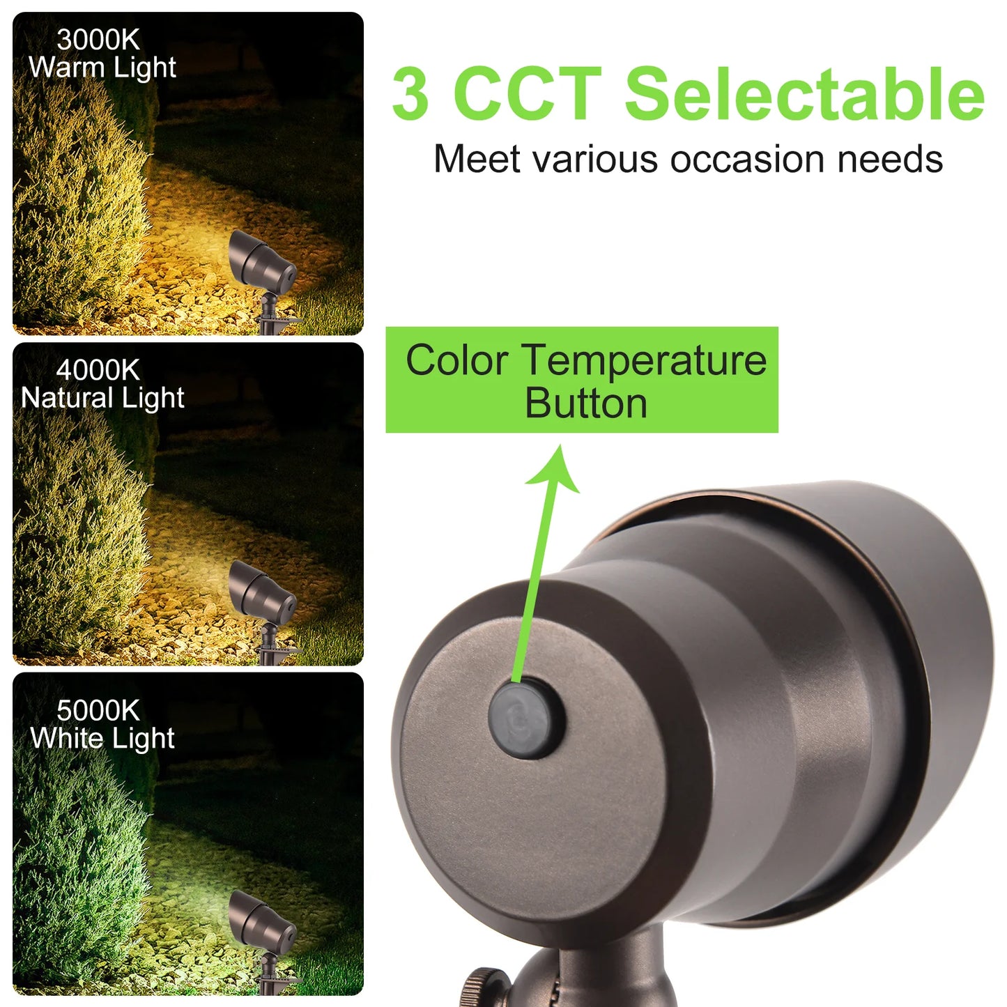 Glitgate 3CCT Landscape Spotlight 250lumens, CCT Selectable, AC/DC 12-24VLow Voltage, 6 Pack