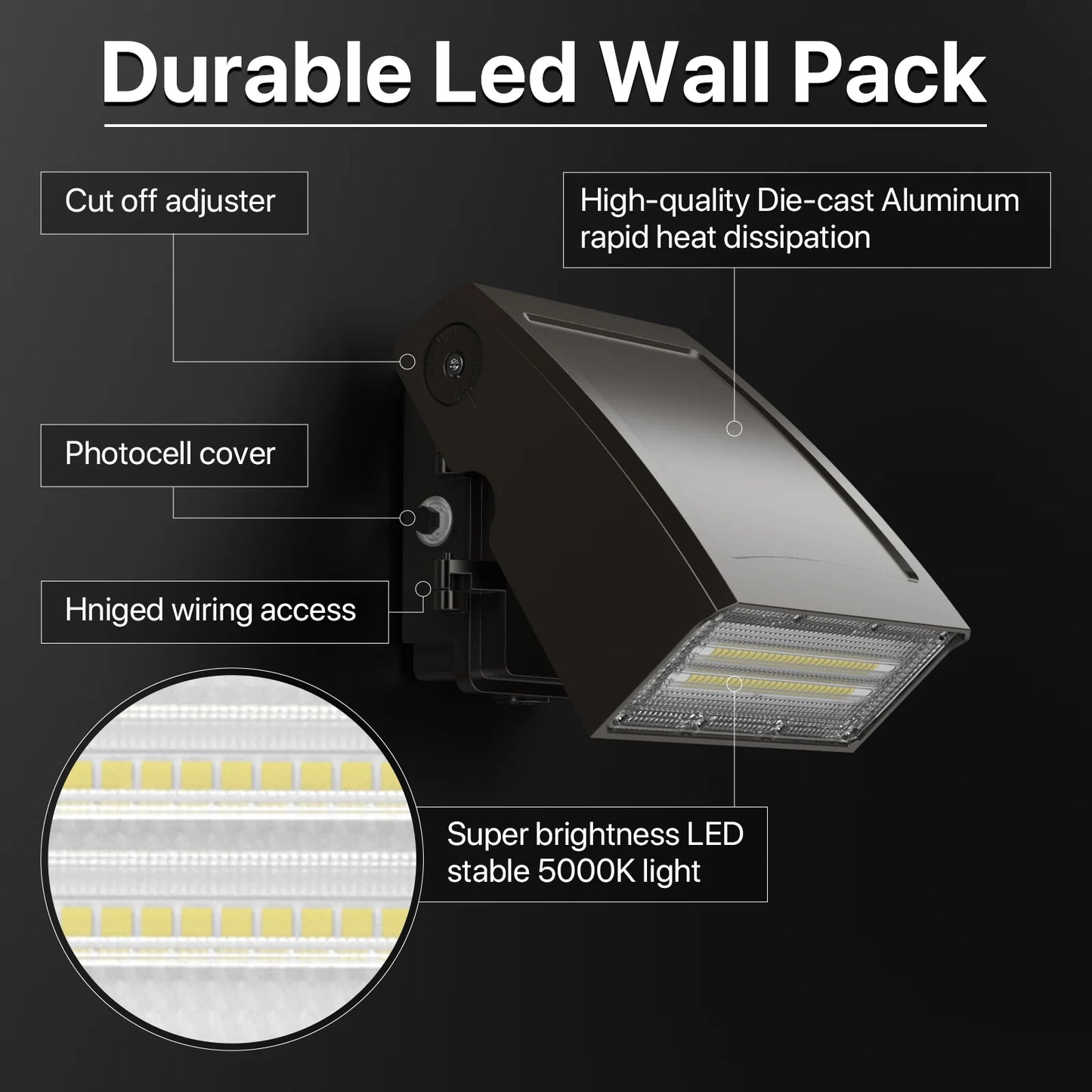 Wall Pack Light - Wall E series, 7800lumens, 5000K, AC 100-277V, Optional Dusk to Dawn