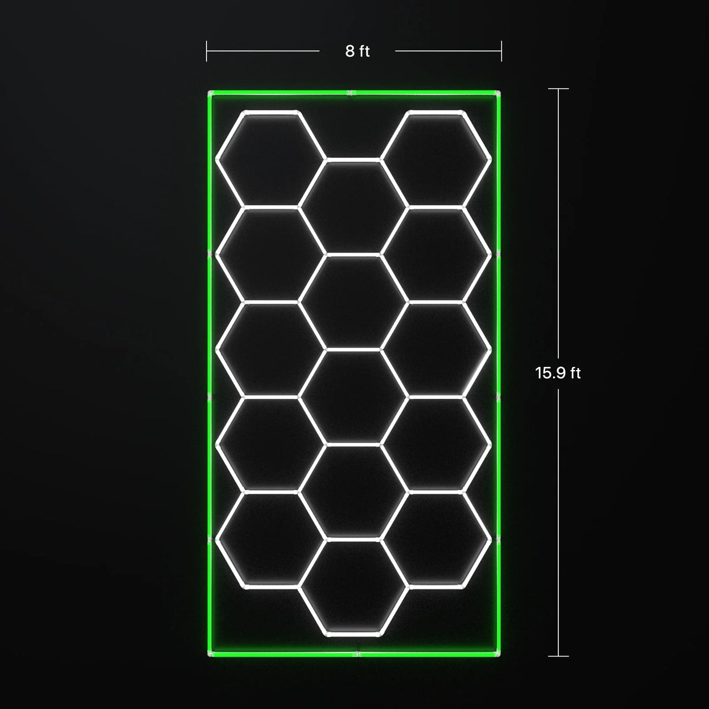 Hyperlite Hexagon Garage Lights Gen 2 Green - 15 Grid (15.9 x 8 ft) With Border