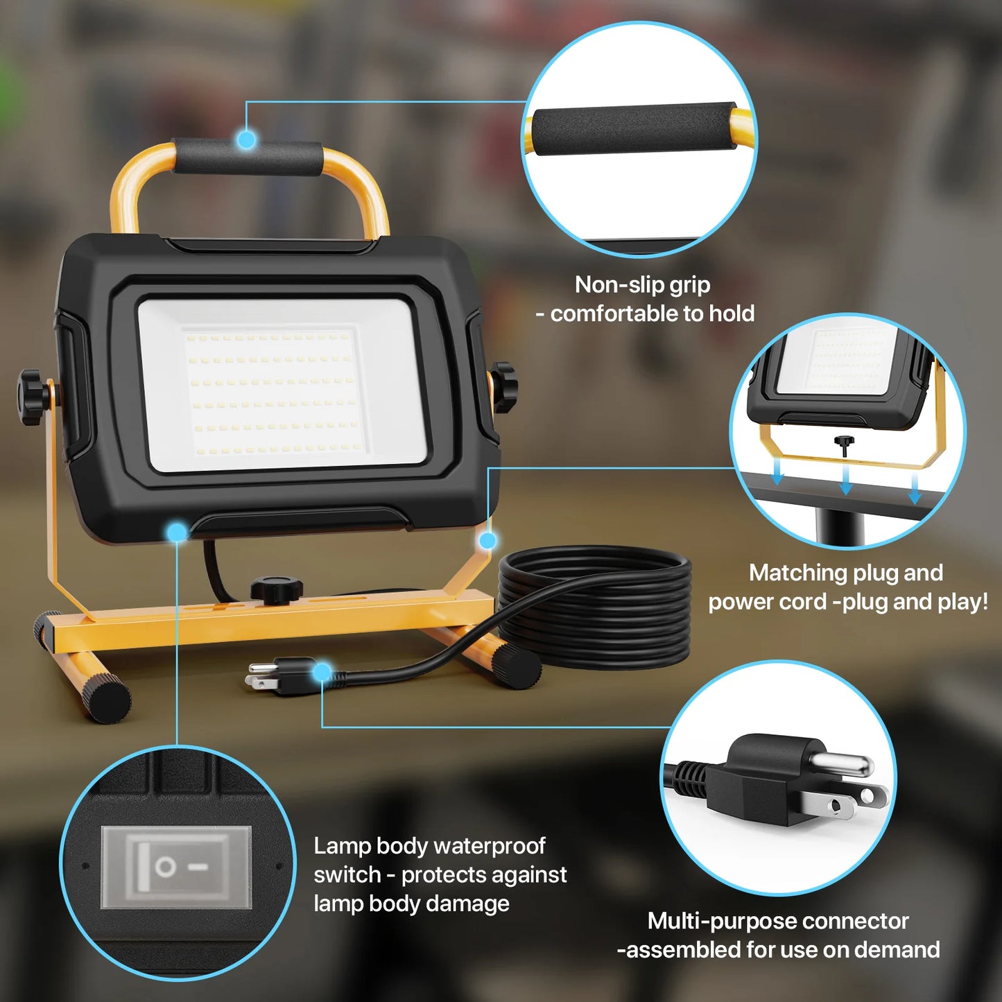 Hyperlite LED Work Light, 5000lumens, 5000K, AC/DC 12-24V, Waterproof, Portable Job Site Light
