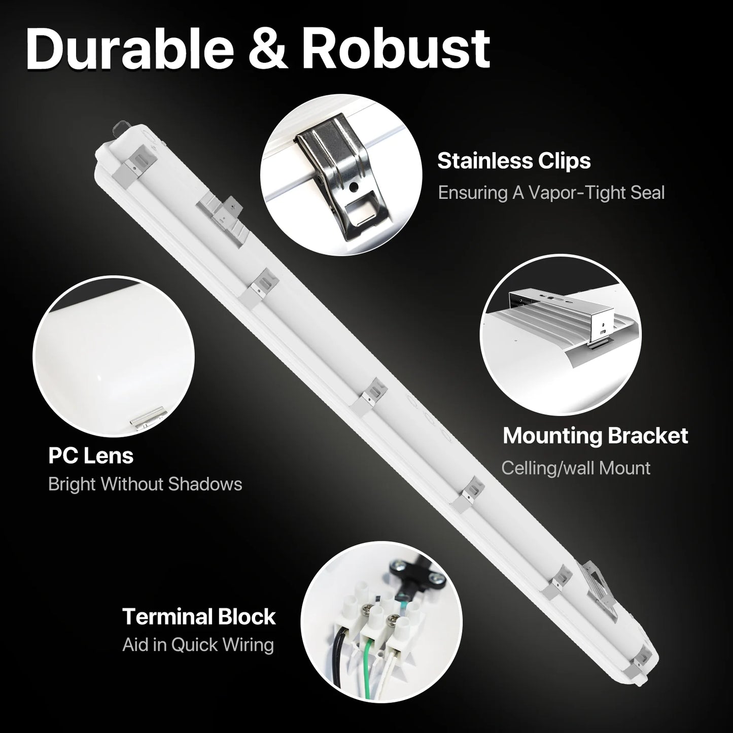 LED Vapor Tight Light - Capsule series, 5200lumens, 5000K, AC 100-277V