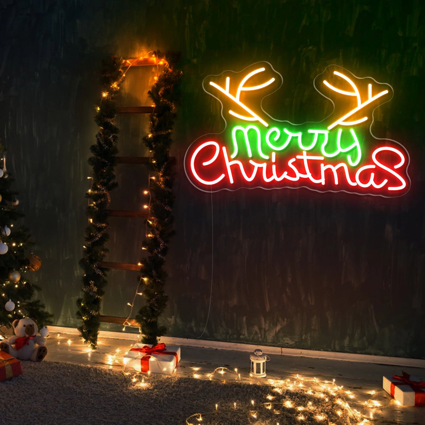 Merry Christmas with Reindeer Antlers LED Neon Sign