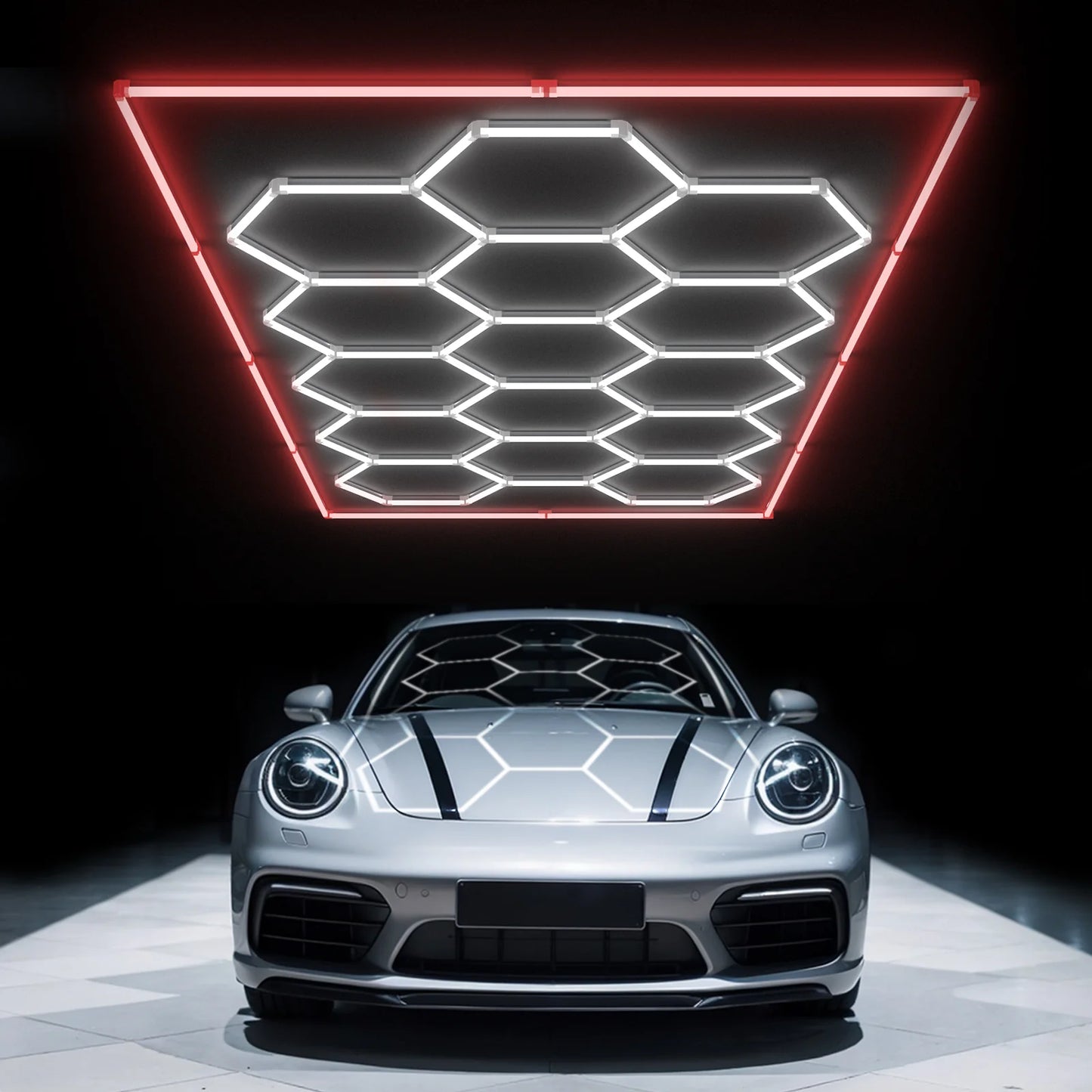 Hyperlite Hexagon Garage Lights Gen 2 Red - 15 Grid (15.9 x 8 ft) With Border