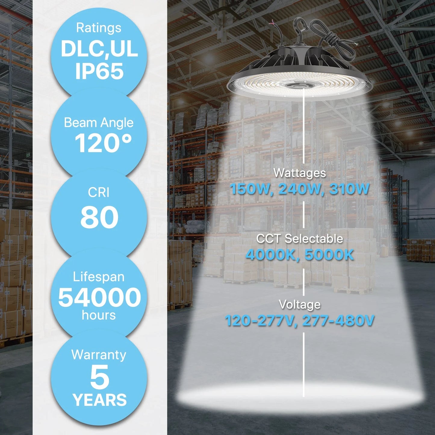 LED High Bay Light - HBF Series, 47430lumens, Selectage Wattage & CCT, 120-277V