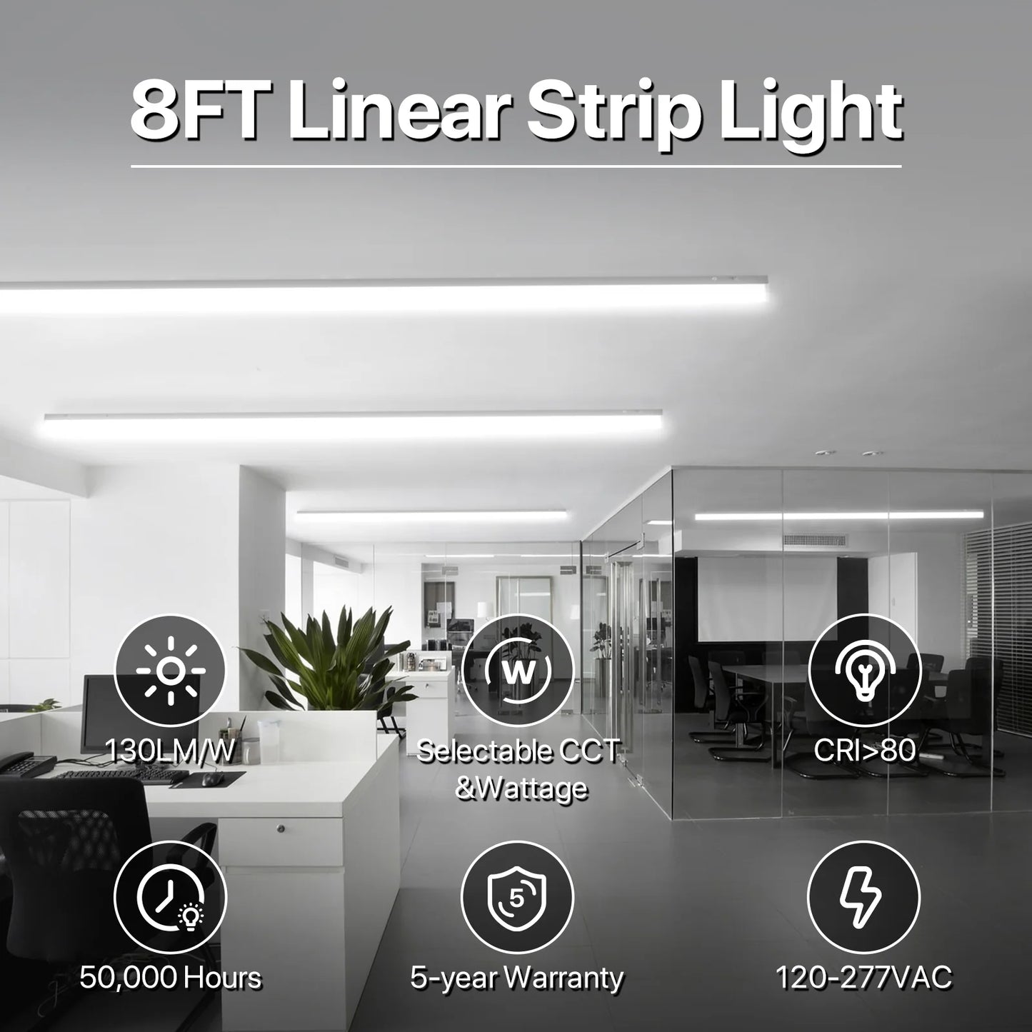 Hyperlite 8FT LED Linear Strip Light Fixture, 10400lumens, Selectable Wattage & CCT, AC 120-277V