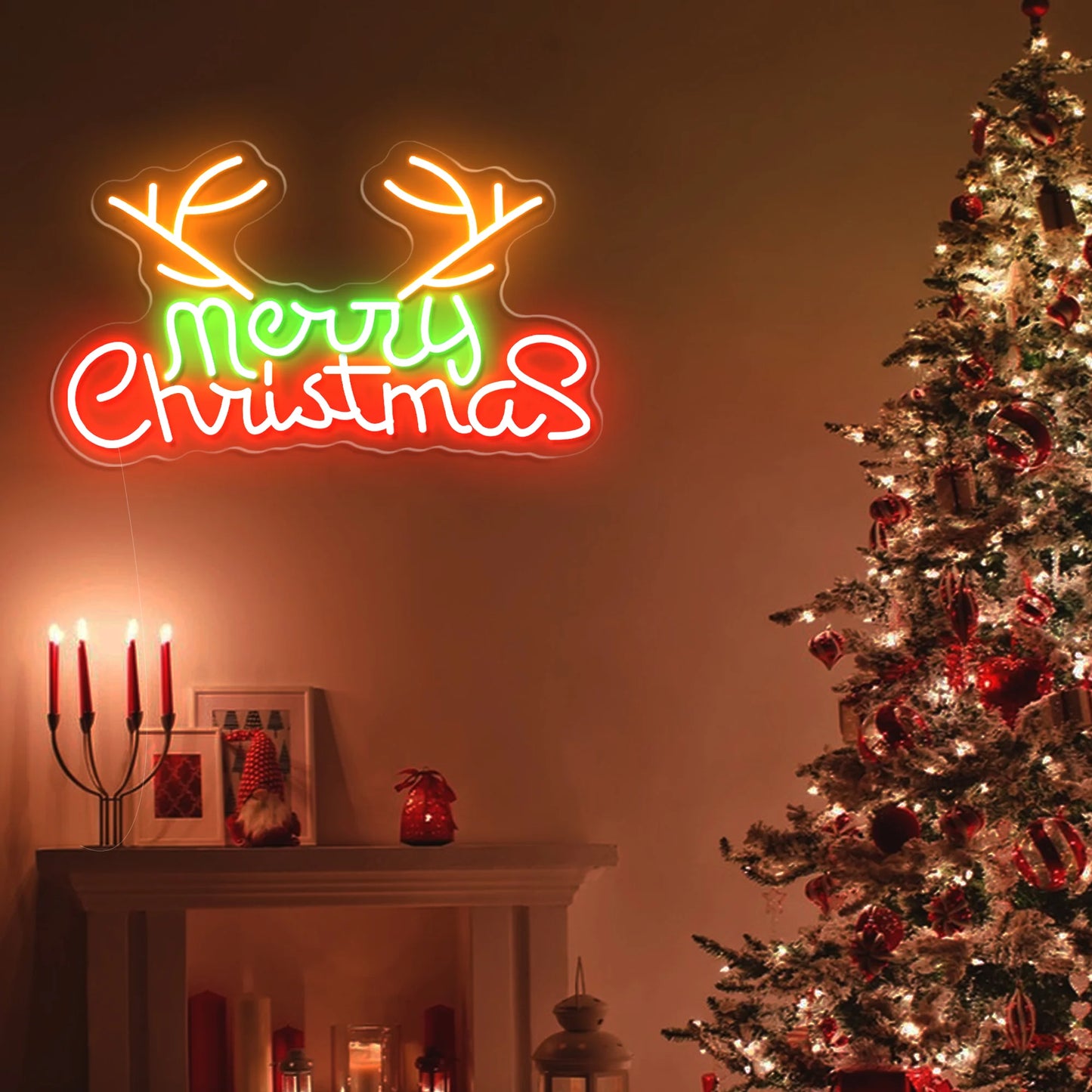 Merry Christmas with Reindeer Antlers LED Neon Sign