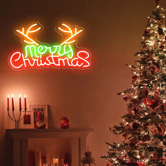 Merry Christmas with Reindeer Antlers LED Neon Sign