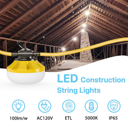 Hyperlite 100ft Construction LED String Work Lights - 10000lumens, 5000K, AC 120V Only