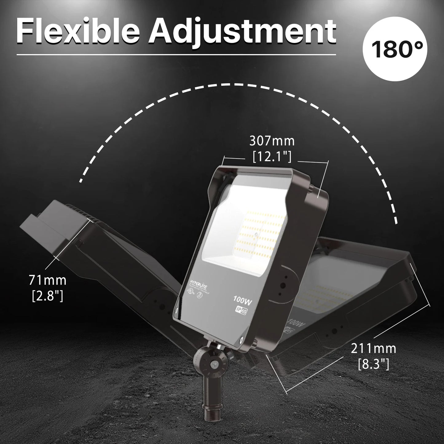 Hyperlite Led Flood Light - Mars Series (Kuncle Mount), 11000lm, 5000K, AC 120V, Optional Dusk-to-Dawn, Without Junction Box