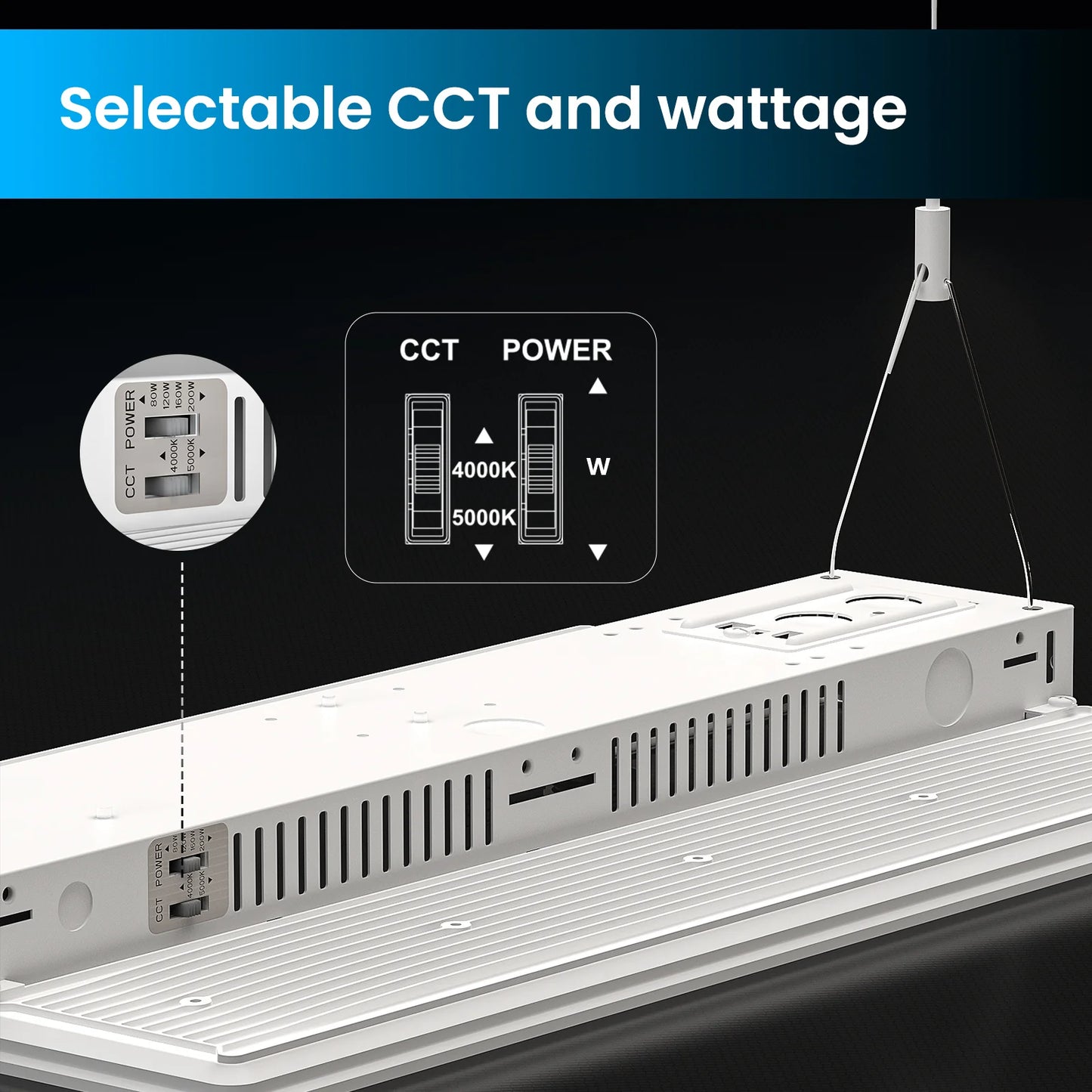 Linear High Bay LED Lights - HPLH02 Series, 18500lumens, Adjustable Wattage & CCT, 347-480V, Aluminum Housing