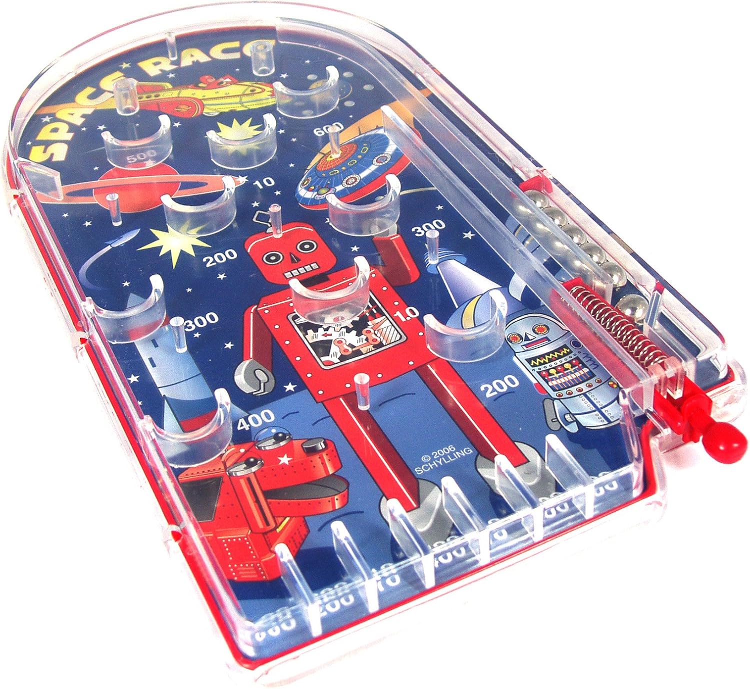 Space Race Pinball Game Portable Retro Pinball Toy Sturdy Construction with Lever Metal Balls and Classic Space Design Ages 3 and Up