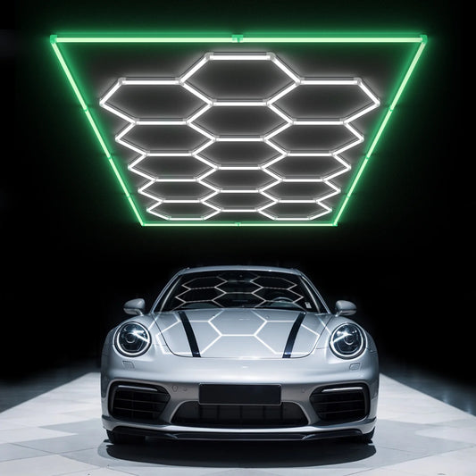 Hyperlite Hexagon Garage Lights Gen 2 Green - 15 Grid (15.9 x 8 ft) With Border