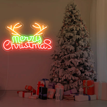 Merry Christmas with Reindeer Antlers LED Neon Sign