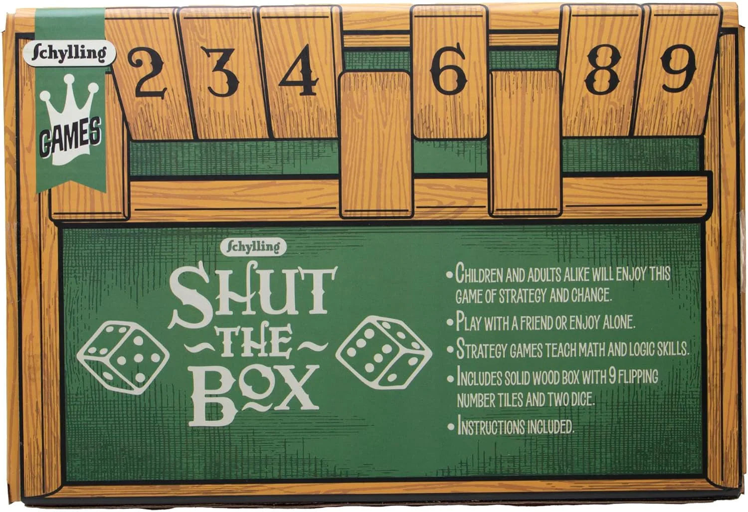 Shut the Box Family Game of Strategy and Chance Includes Collectible Wooden Game Box Felt Bottom Rounded Dice and Detailed Instructions Ages 6 and Up