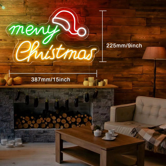 Merry Christmas with Santa Hat LED Neon Sign