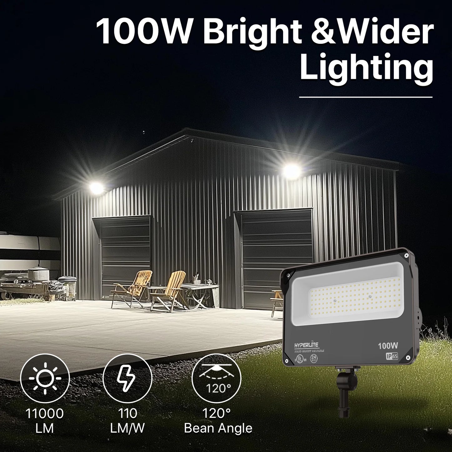 Hyperlite Led Flood Light - Mars Series (Kuncle Mount), 11000lm, 5000K, AC 120V, Optional Dusk-to-Dawn, Without Junction Box