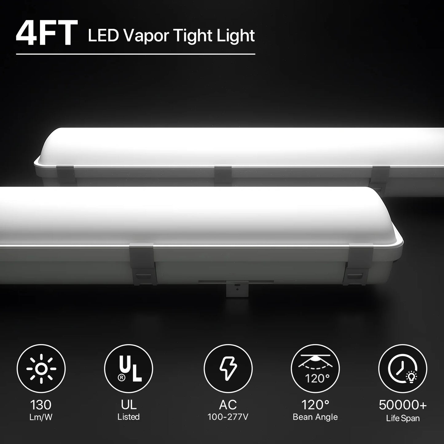 LED Vapor Tight Light - Capsule series, 7800lumens, 5000K, AC 100-277V
