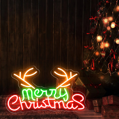 Merry Christmas with Reindeer Antlers LED Neon Sign