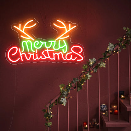 Merry Christmas with Reindeer Antlers LED Neon Sign