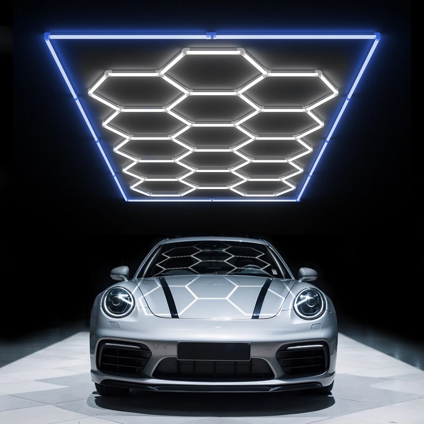 Hyperlite Hexagon Garage Lights Gen 2 Blue - 15 Grid (15.9 x 8 ft) With Border