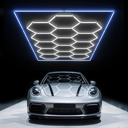 Hyperlite Hexagon Garage Lights Gen 2 Blue - 15 Grid (15.9 x 8 ft) With Border
