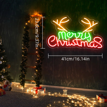 Merry Christmas with Reindeer Antlers LED Neon Sign