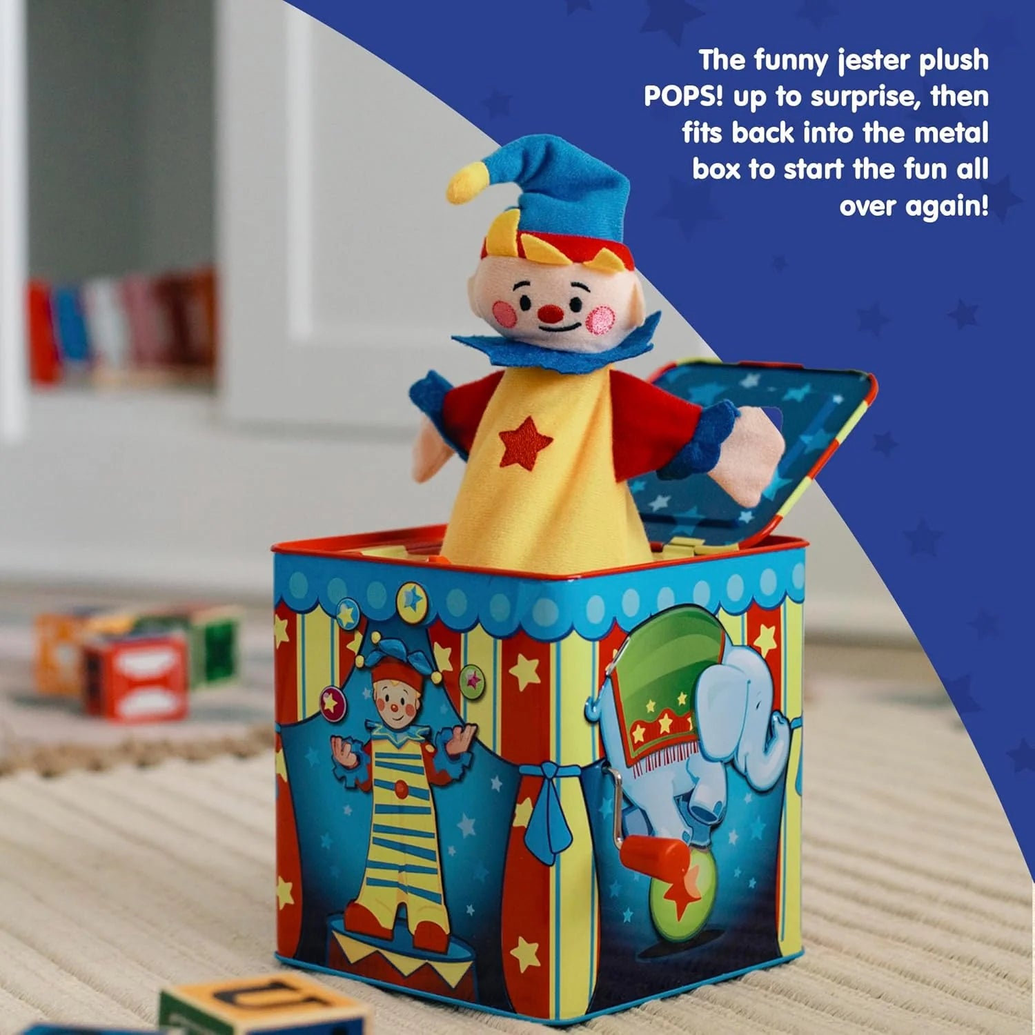 Silly Circus Jack in the Box Classic Childrens Musical Toy Colorful Embossed Tin Box and Friendly Plush Age 18 months and Up