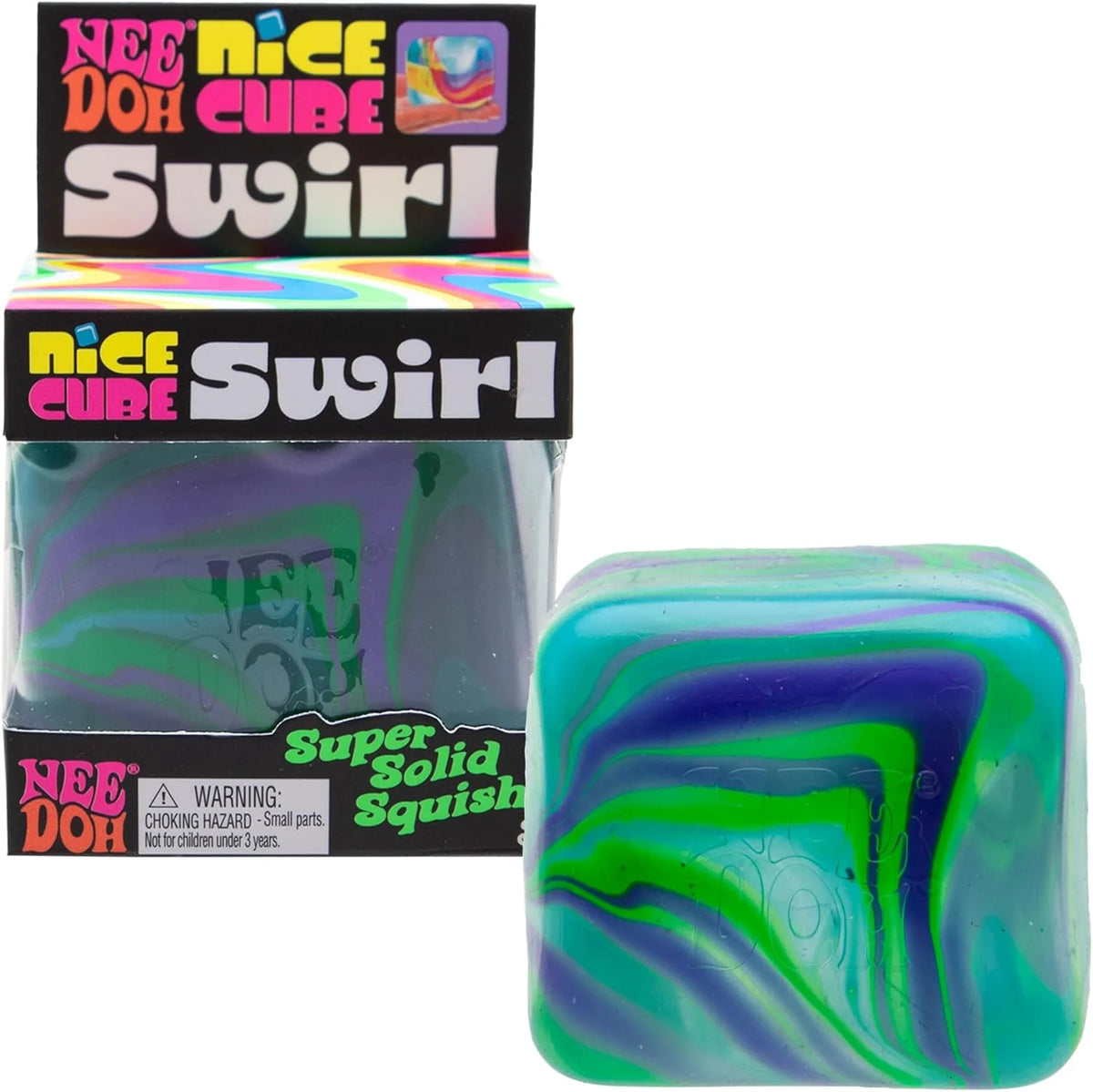 NeeDoh Nice Cube Swirl Sensory Toy with a Super Solid Squish Unique Swirling Color Blend Ages 3 and Up Blue Green One Cube Per Pack