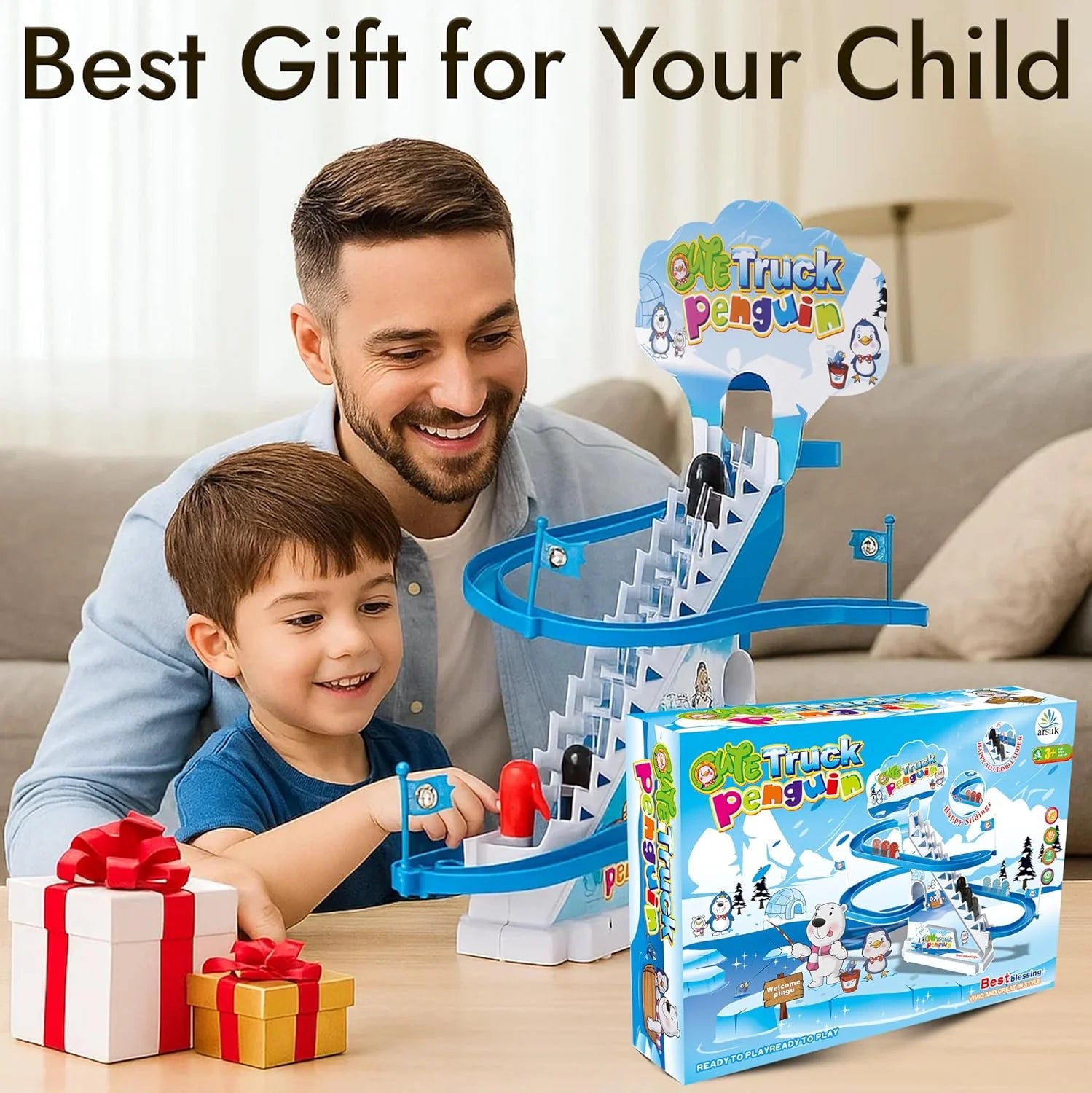 ARSUK Penguin Race Game Toy Playful Musical Roller Coaster Track Playset with Music LED Flashing Lights On Off Button for Toddlers and Kids Gift